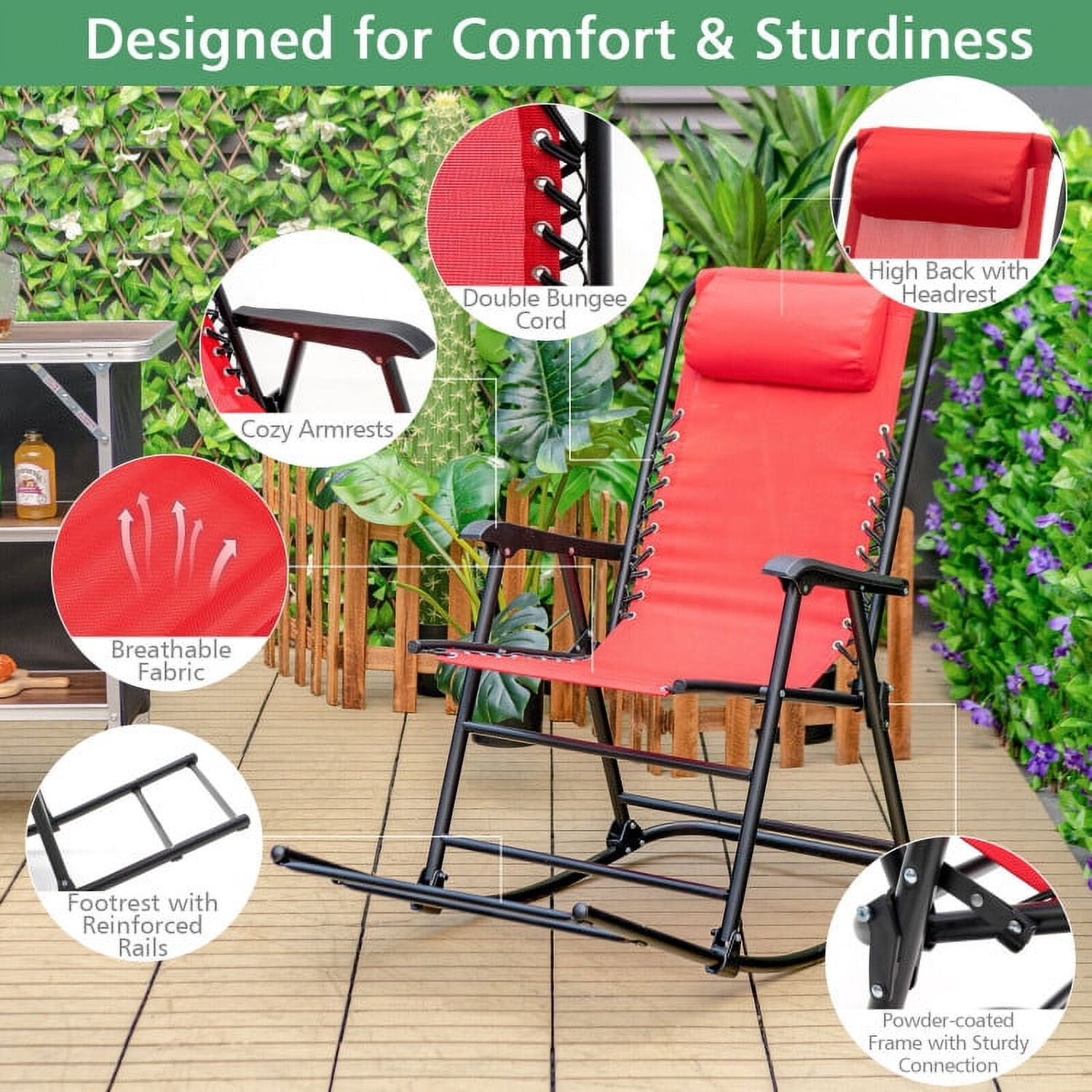 Kadyn Rocking Chairs Outdoor, Outdoor Patio Camping Lightweight Folding Rocking Chair with Footrest -Red, Patio Rocking Chairs