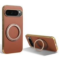 Ring Stand for Google Pixel 9 Pro XL Case, [Magnetic Compatible with Mag-Safe & Support Car Mount] Shockproof Plating Frame PU Leather Case, Rotatable Stand Cover for Google Pixel 9 Pro XL, Brown