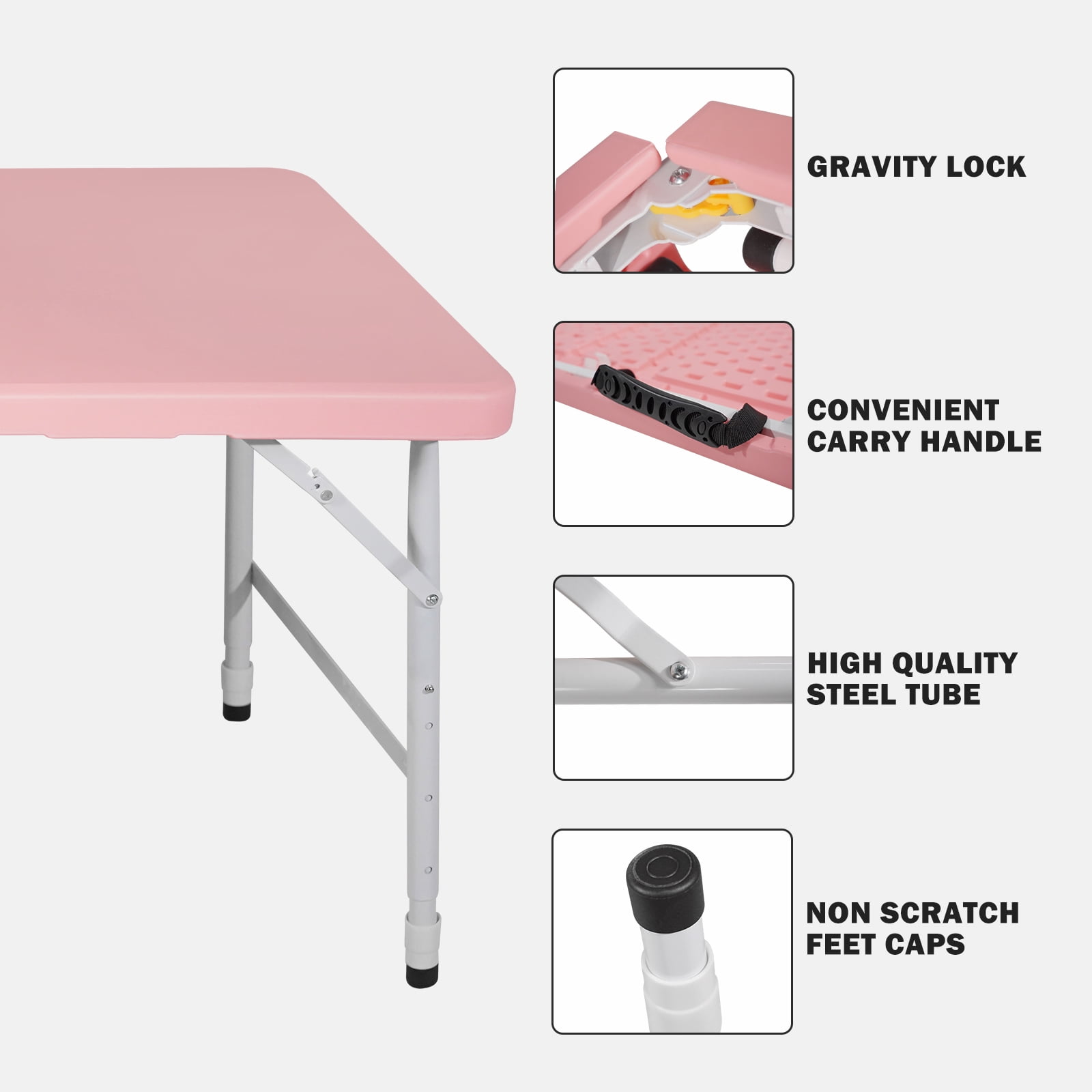 4ft Pink Portable Folding Table Indoor Outdoor, Max 135KG Heavy Duty HDPE Foldable Camping Table with Powder Coated Steel Legs, No Assembly Required for Picnic Party Banquet