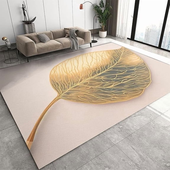 Golden Leaves Area Rug, Minimalist White Background Indoor Non Slip Bedroom Rug, Machine Washable Carpet for Living Room Kitchen Dining Room Home Office Decor Floor Mat 2 x 3ft