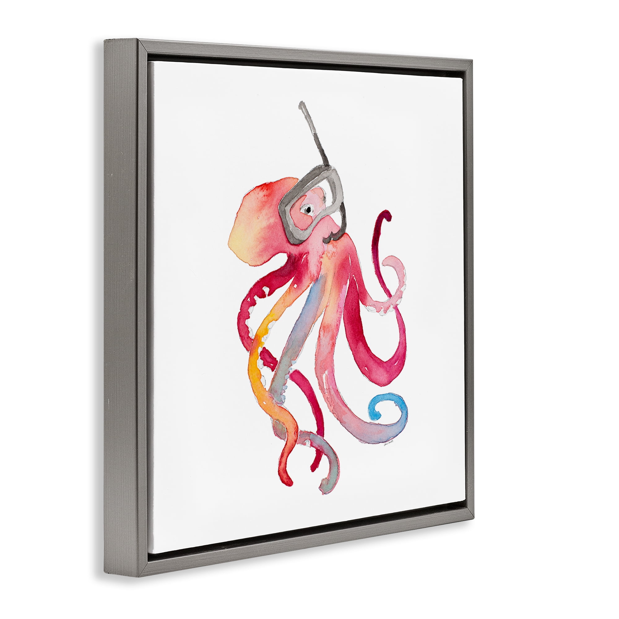 Stupell Industries Snorkel Mask Octopus Novelty Painting Gray Floater Framed Canvas Art Print Wall Art, 18 x 18
