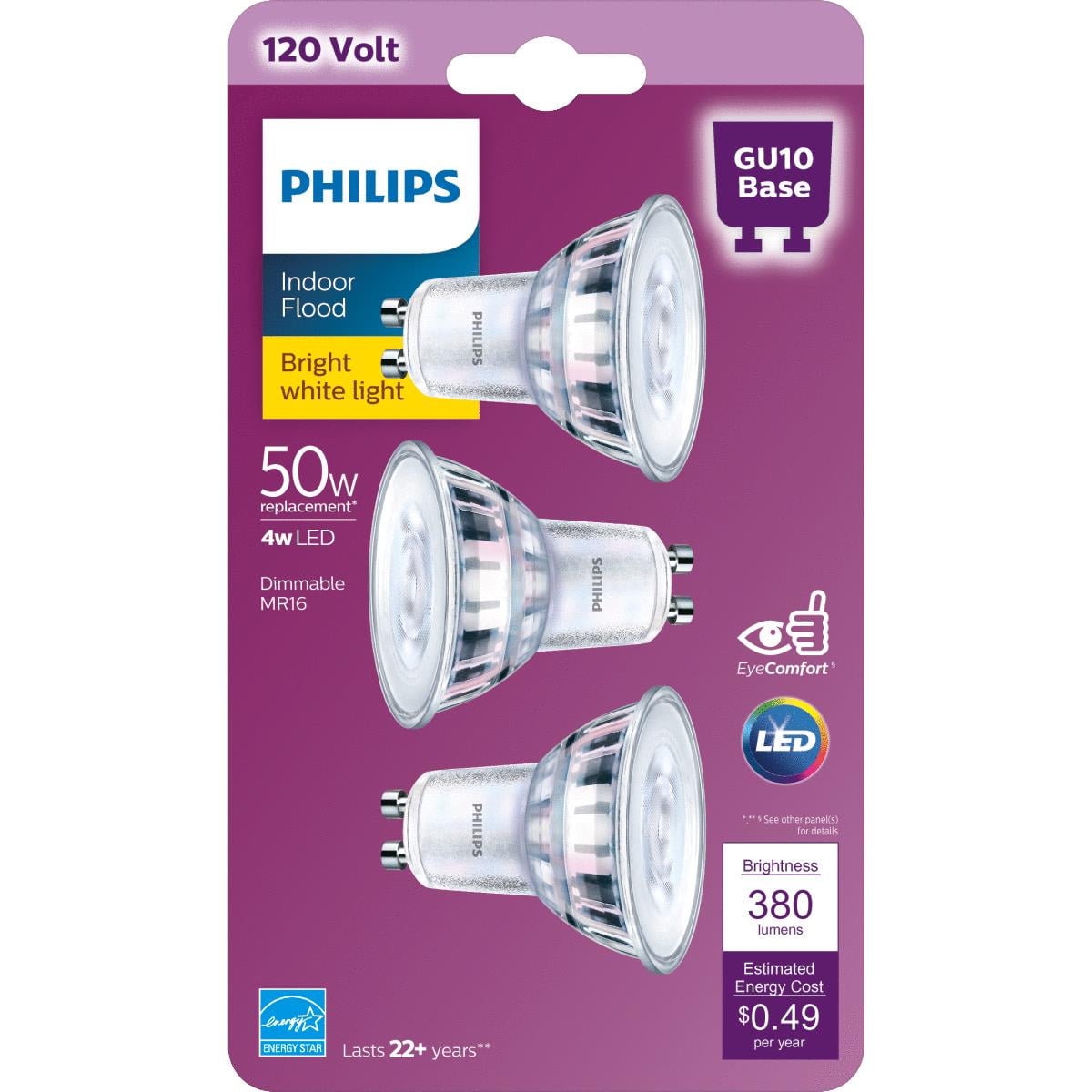 Philips LED GU10 Light Bulbs 4.6W 50W Warm White Non Dimmable Pack of 6 
