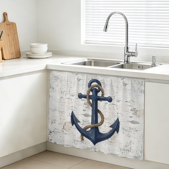 Summer Ocean Anchor Cabinet Curtain, Vintage Nautical Coastal Sea Blue Anchor Sink Skirt for Bathroom, Under Sink shelf Curtain Privacy Drape for Kitchen Laundry Room 11x13in