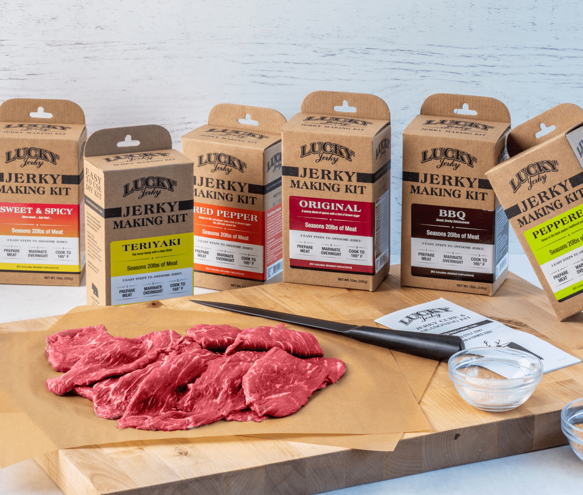 Lucky Jerky DIY Mixed Case - 6 Flavors, Makes 120 lbs of Jerky - Peppered, Teriyaki, Original, Red Pepper, BBQ, Sweet & Spicy