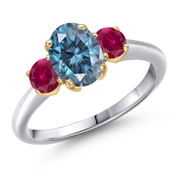 Gem Stone King 925 Silver and 10K Yellow Gold Persian Blue Moissanite and Red Created Ruby Engagement Ring for Women | 1.88 Cttw | Oval 8X6MM | Gemstone Birthstone | Size 7