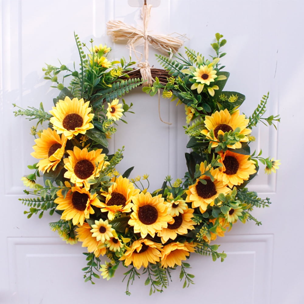 Artificial Yellow Sunflower Wreath with Green Leaves for Front Door ...