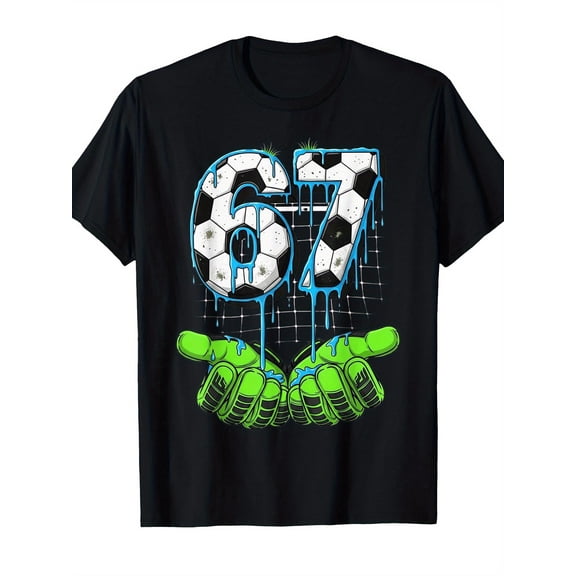children’s wear Funny Soccer Goalkeeper Number 67 Graphic T-Shirt for Boys and Kids Retro Cool Dripping Slime Football Sports Black Tee