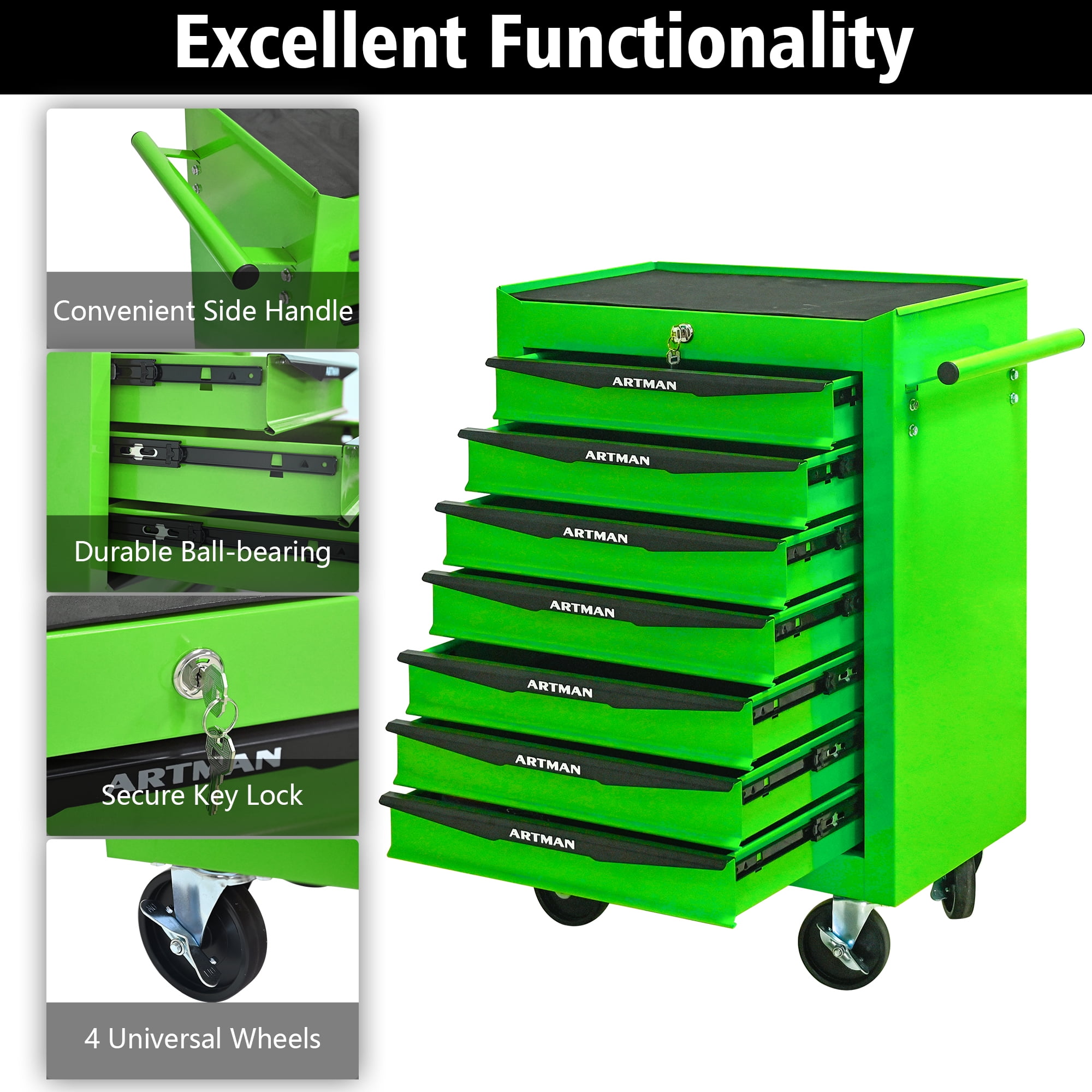 Seizeen Rolling Tool Box, Tool Storage Cabinet with 7 Drawers, Lockable Tool Box Organizer On Wheels Large Capacity for Garage Workshop Warehouse, Green