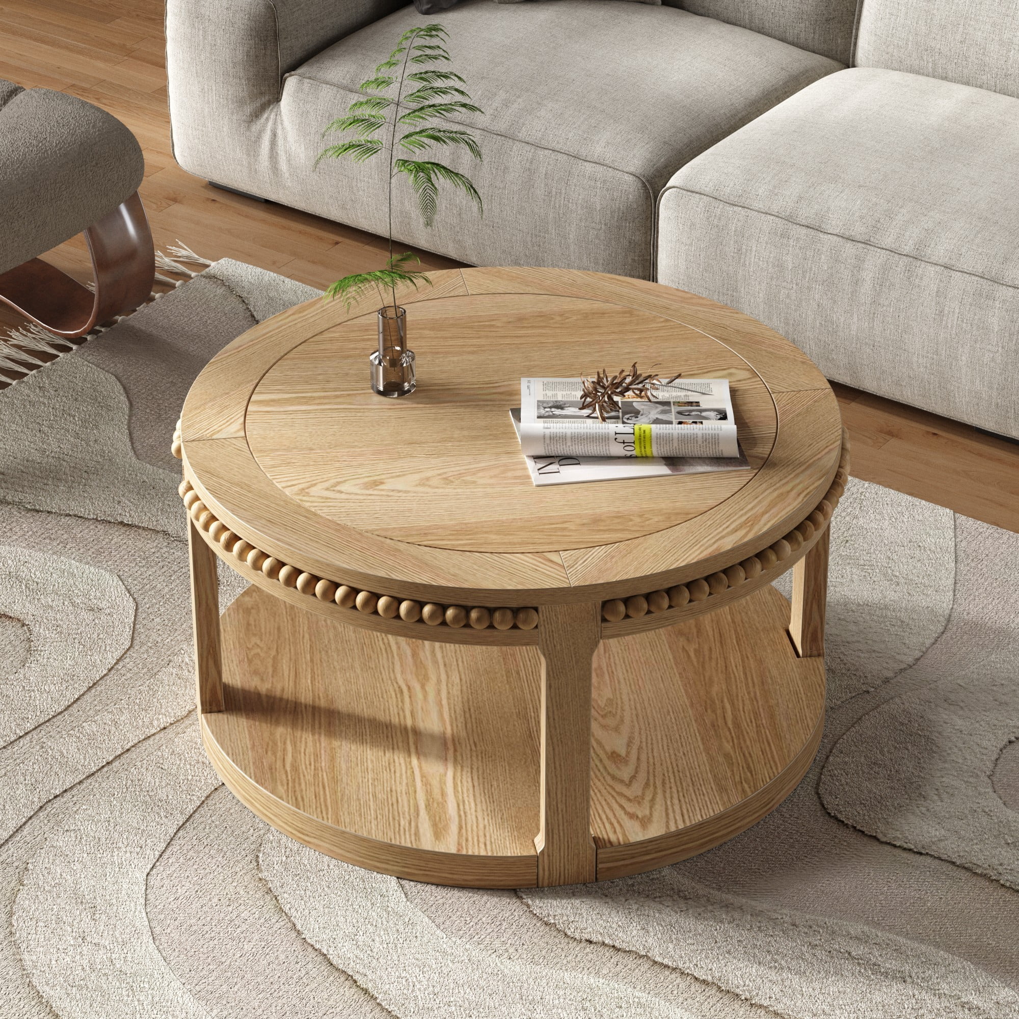 31.5" Round Solid Wood Coffee Table, 2 Tier Wood Coffee Table with Shelf, Modern Center Table for Living Room Sofa Table, Natural