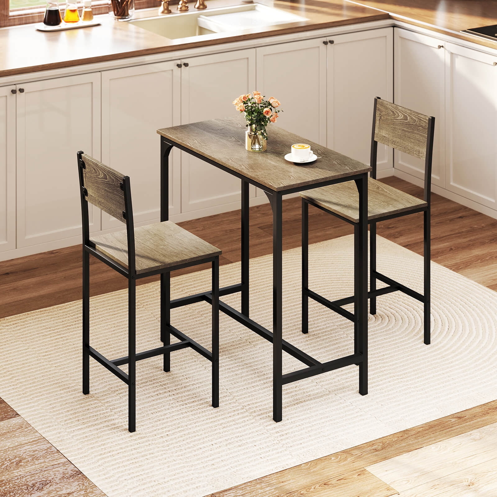 Costway 3 PCS Bar Table & Chair Set Kitchen Table with 2 Bar Stools for Small Space
