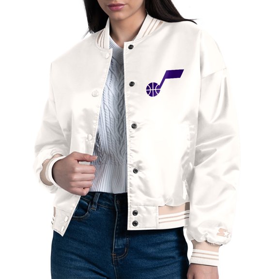 Women's Starter Cream Utah Jazz Printed Logo Cropped Satin Varsity Full-Snap Jacket