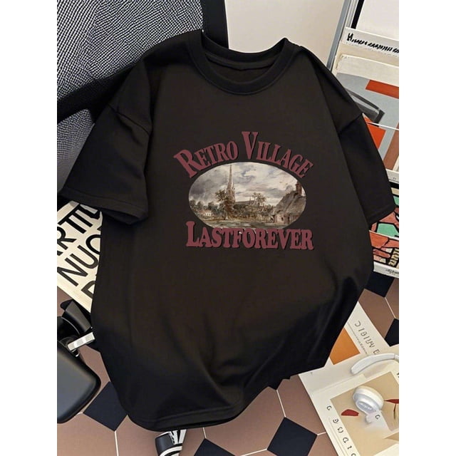 Summer Casual Loose Fit Crew Neck Short Sleeve Drop Shoulder Print Cotton Pullovers for Adult, Casual Sporty Tee, Summer Gifts