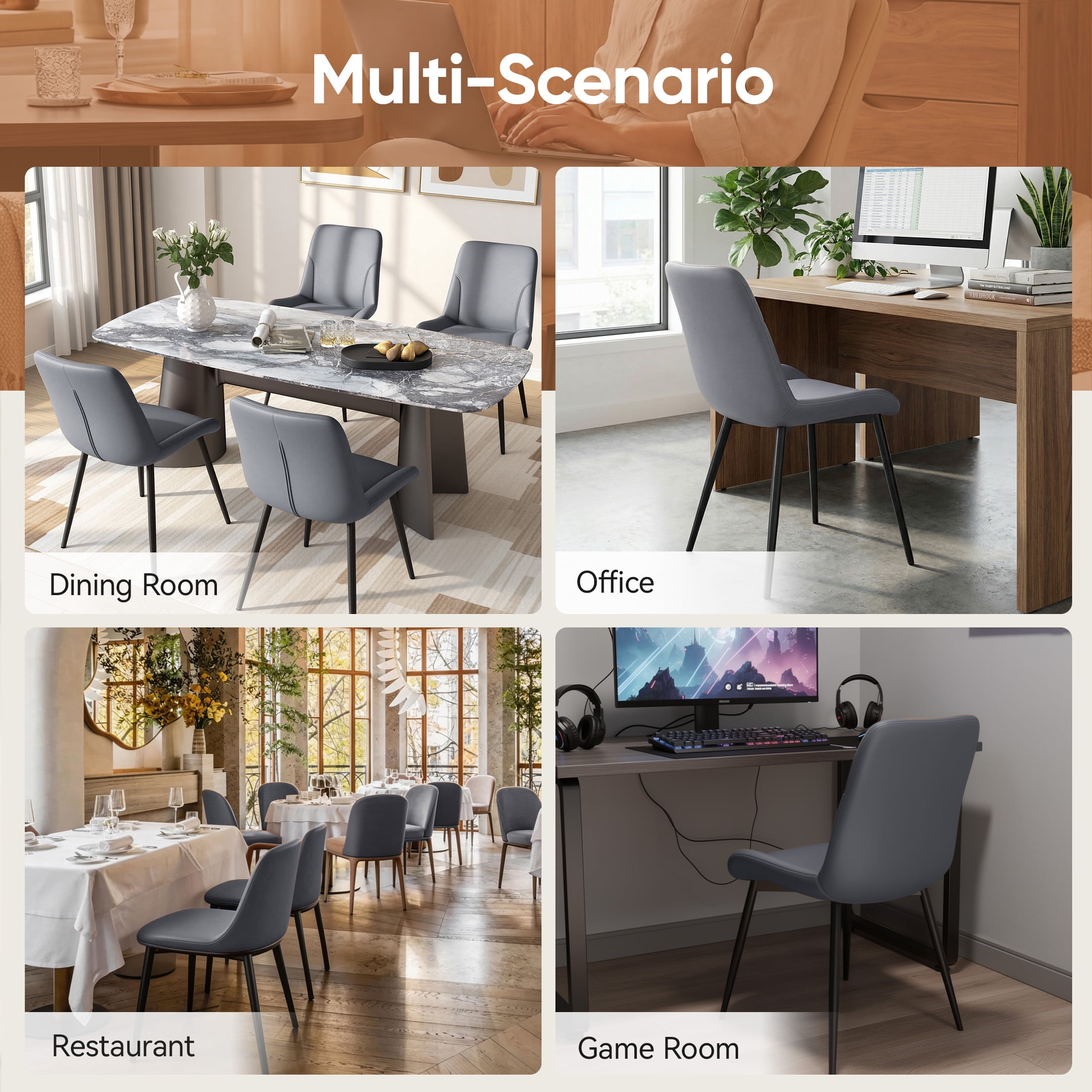MOONMISS Dining Chair Set of 4,Upholstered with Ergonomic Backrest Metal Legs for Kitchen Office Reading,Dark Gray