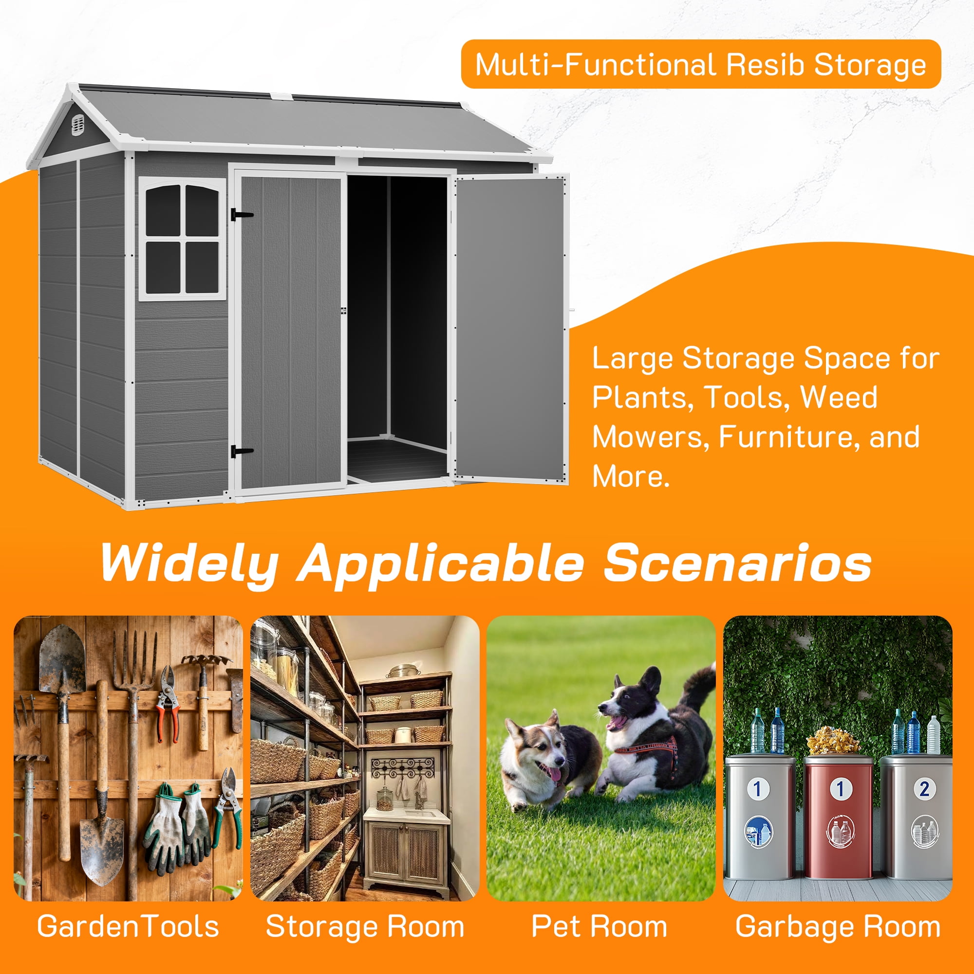 LZBEITEM 8' x 6' Outdoor Resin Shed  with Floor, Garden Plastic Storage Shed Durable, Heavy Duty Lockable Door & Window for Backyard