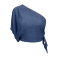 thumbnail image 7 of Women's One Shoulder Tops Short Sleeve Crop Top with Tie Side Textured Breathable Summer Blouse Navy M, 7 of 7