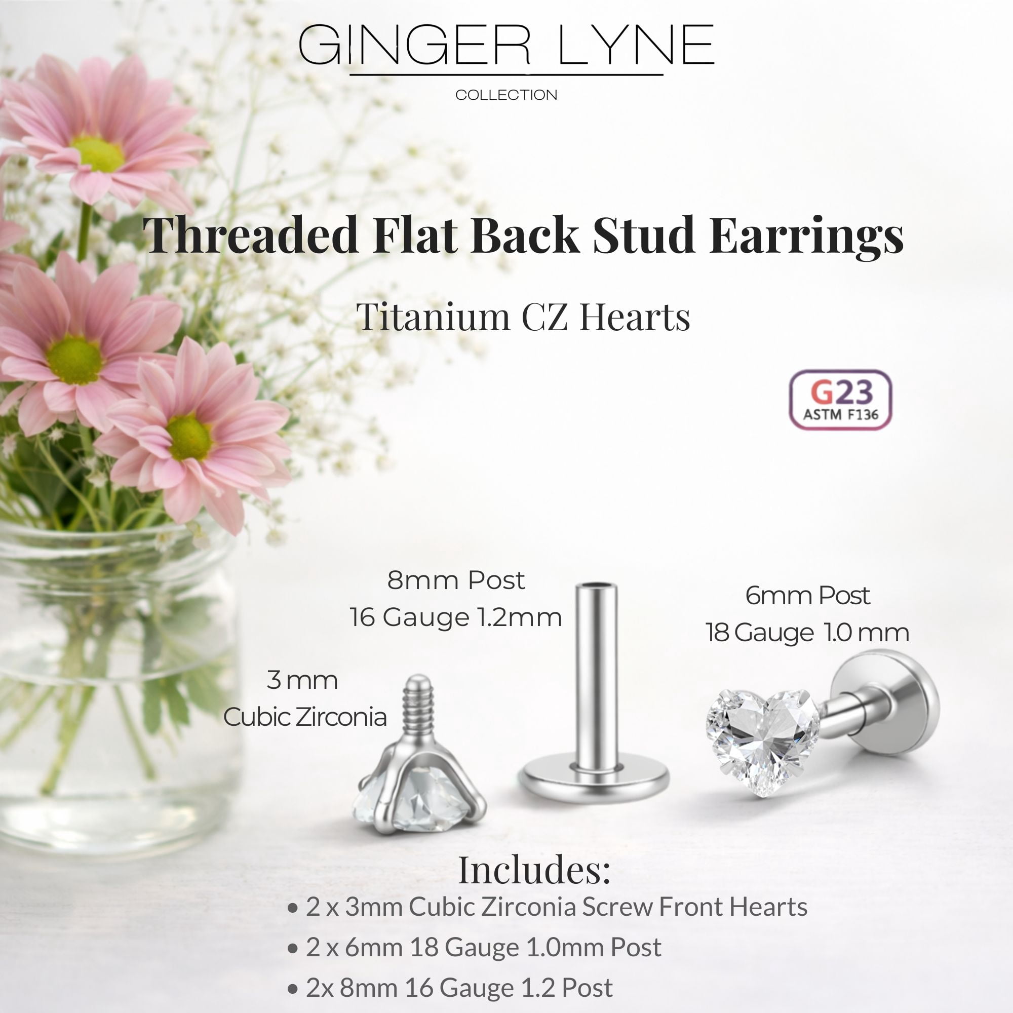 Small Heart CZ Solitaire Flat Back Stud Earrings Titanium Body Piercings by Ginger Lyne 2 Sets Post 6mm 8mm