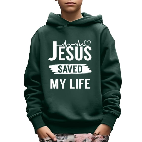 Boy's Casual Hoodies, JESUS SAVED MY LIFE Print Pullover Casual Long Sleeve Comfy Trendy Sweatshirt For Outdoor