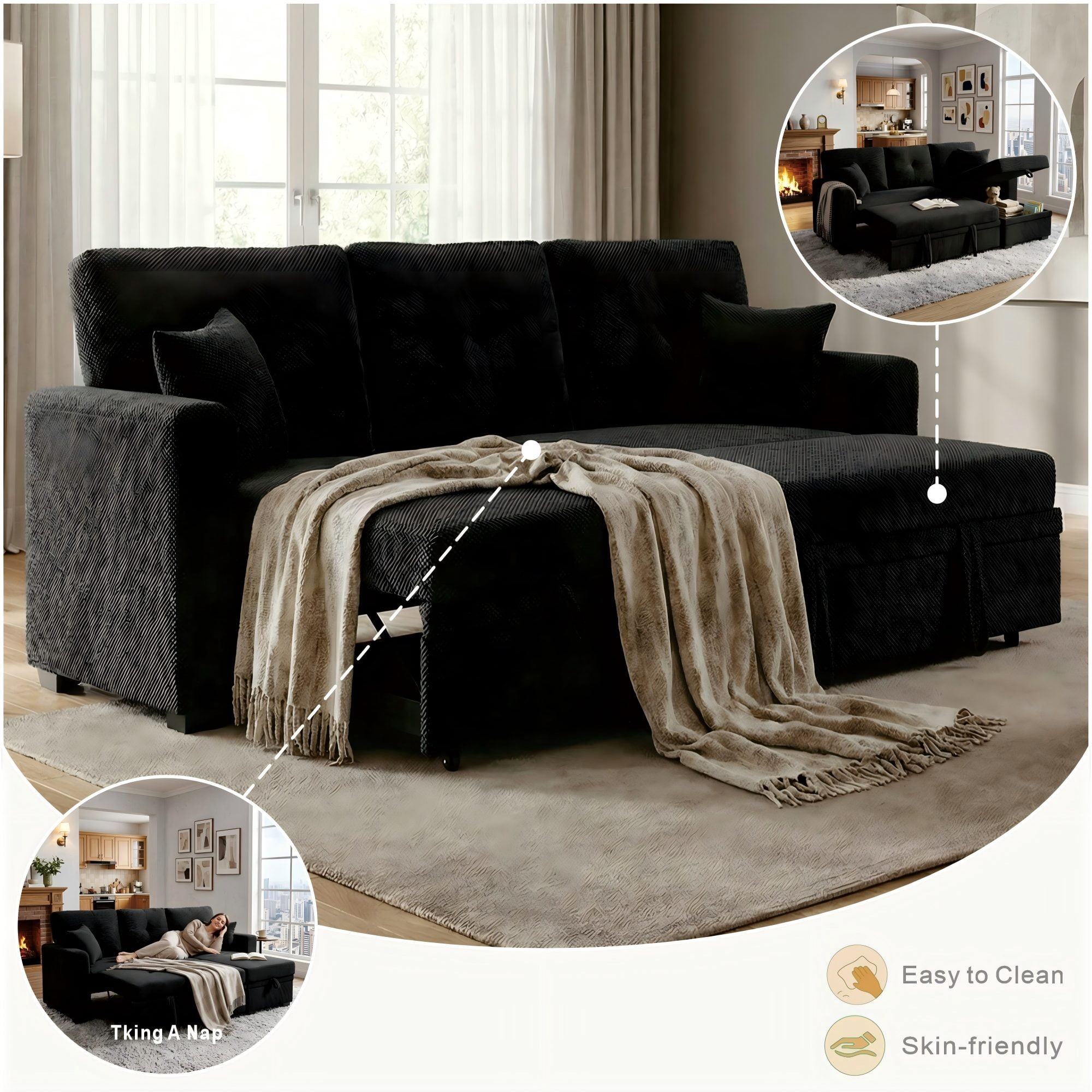 BSHTI 71"Foil Fabric L-Shaped Pull-Out Sleeper Sofa Bed with Reversible Chaise, Hidden Storage for Living Room（Black）