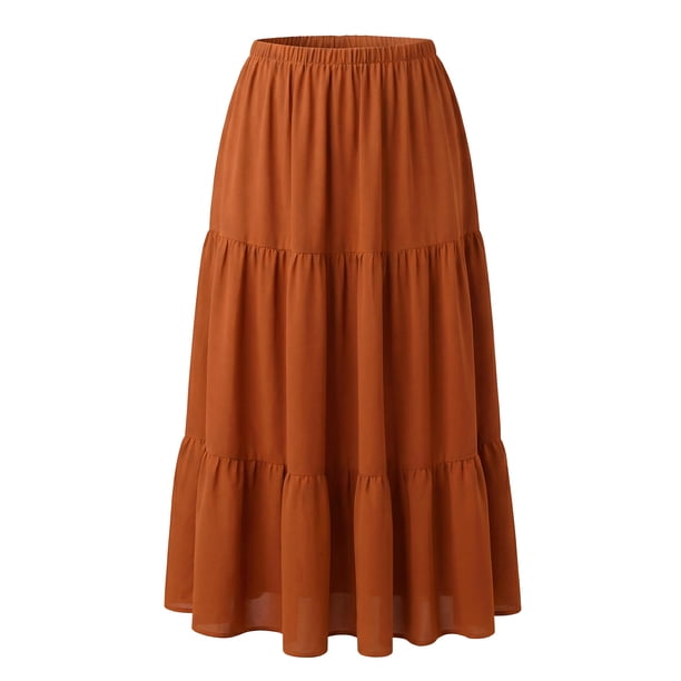 Falda Maxi A-Line Elástica de Cintura Alta para Mujeres de GRACE & GRANDEUR, Talla Grande, Flowy, Casual, Playa, 2X Caramelo