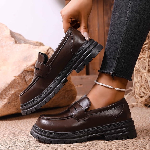 Wowcloth Women's Loafers - New Retro Solid Color Round Toe Block Heel Platform Mid-Heel Casual Shoes for Everyday Wear