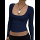 thumbnail image 2 of Camisas de Larga para Mujer, Tops Cortos, Moda de Otoño 2025, Cuello Cuadrado, Camisetas Básicas para Salir, Ropa Y2K Azul Marino S, 2 of 7