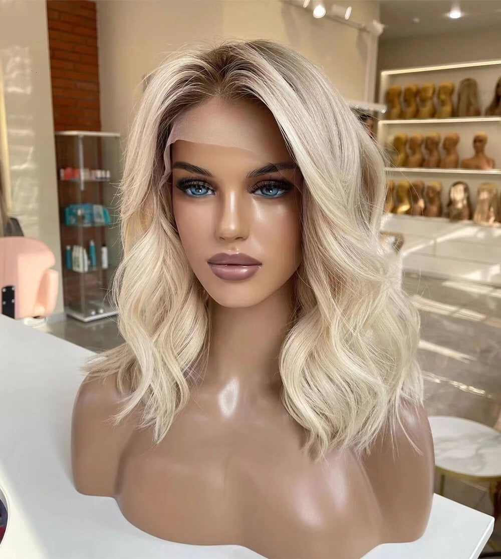 180% Density Smoky Ash Blonde Highlight Colored Human Hair 13x4 Lace Front Wig With Premium Soft Roots Glueless Body Wave Brazilian Virgin Human Hair Preplucked Baby Hair Easy To Wear For Women