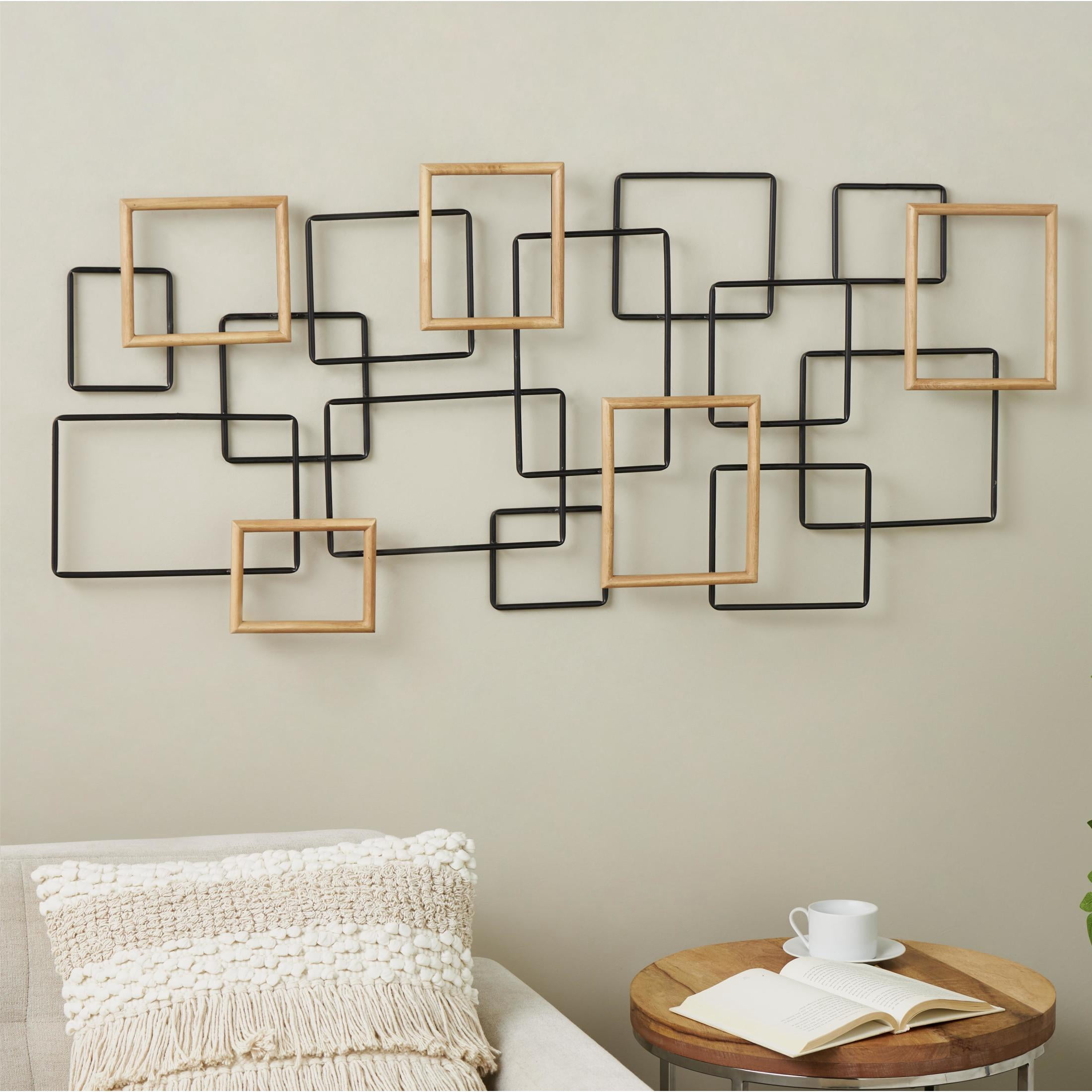 DecMode Black Metal Overlapping Wire Square Geometric Wall Decor with Gold Accents