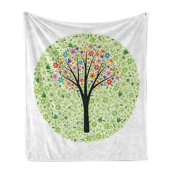 Tree Soft Flannel Fleece Throw Blanket, Illustration of a Round Formation of Colorful Flowers and Leaves, Cozy Plush for Indoor and Outdoor Use, 50" x 70", Pastel Green Multicolor, by Ambesonne