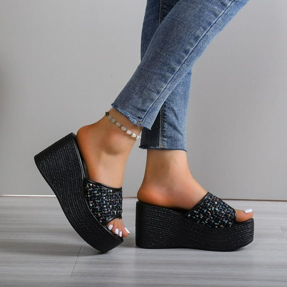 Abcnature Women Sandals Clearance 2023! Women's Platform Wedge Sandals Extremely Comfy Slides Sandals Sequin High Heels One Line Thick Sole Slippers Sponge Bottom Beach Sandals Non-Slip