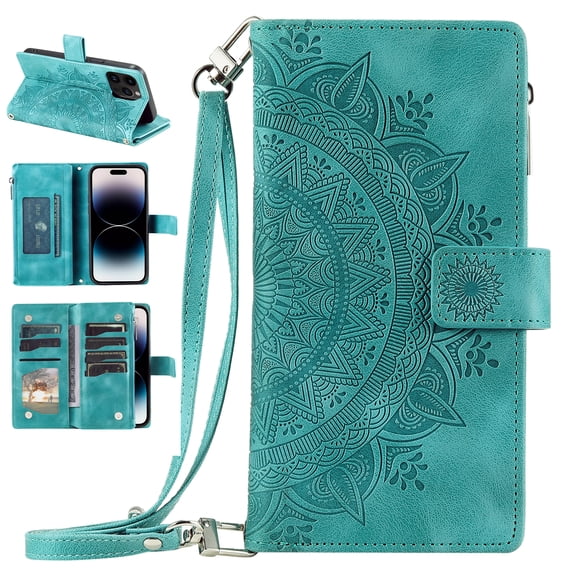Nalacover for iPhone 14 Pro Max Embossed Floral Pattern PU Leather Crossbody Case with Shoulder Strap,Shockproof Magnetic Flip Kickstand Credit Card Slots Zipper Pocket Wallet Phone Case,Green