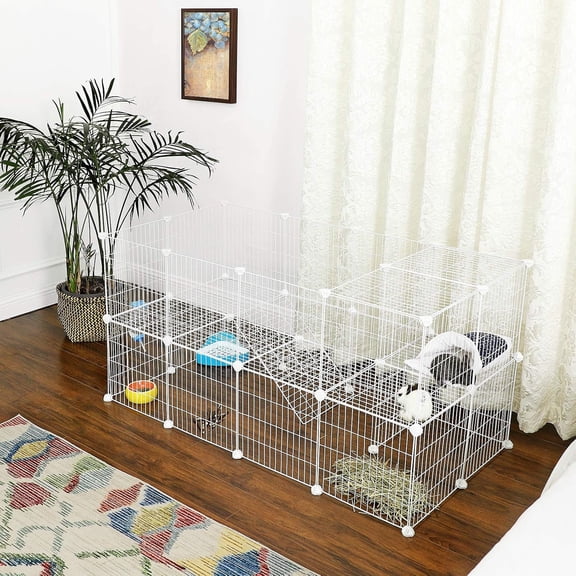 36 Panels Pet Playpen, Small Animal Playpen, Rabbit Guinea Pig Cage, Zip Ties Included, Metal Wire Apartment-Style Two-Story Pet Premium Villa for Bunnies Puppies, Indoor Use, White