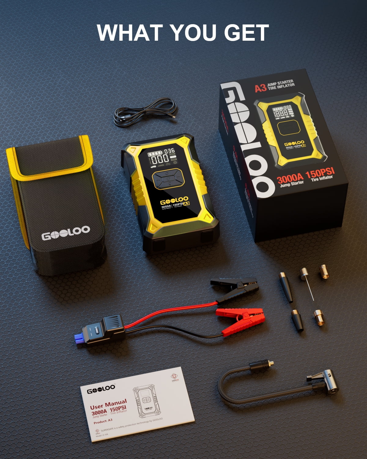 GOOLOO A3 Car Jump Starter with Air Compressor, 3000A 150PSI Portable Car Battery Jump Starter(9.0L Gas/6.5L Diesel) with Digital Tire Inflator, 12V Jump Box Car Booster with LED Light