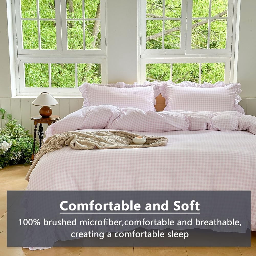 Pink Gingham Ruffle Duvet Cover King Size, 3 Pieces Soft Pre-Washed Microfiber Checked Plaid Comforter Cover Set, Vintage Farmhouse Bedding Set(Pink Gingham, King 104"x90")
