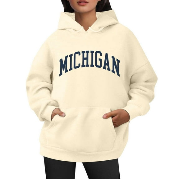 Bibifish Hoodies For Women Michigan City Letter Print Fall Trendy Preppy Hoodies Long Sleeve Female Pullover Tops With Pocket