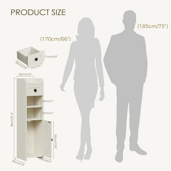 Bathroom Storage Cabinet, Farmhouse Style Narrow Organizer with Drawer, 7.9 x 7.9 x 31.5 Inches Cloud White