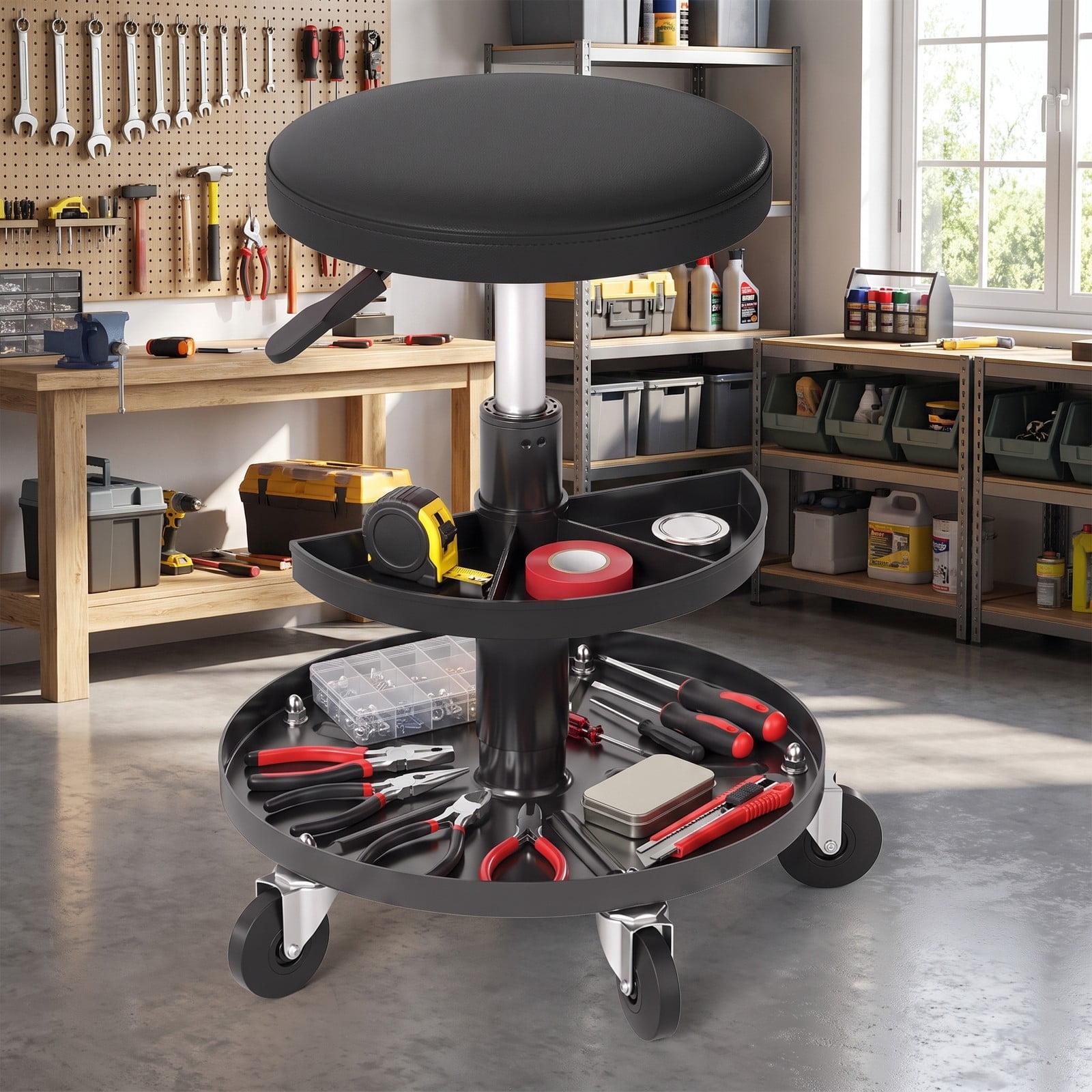 Furnibear Rolling Mechanic Stool with Wheels, 16.5-22 in Adjustable Height Swivel Shop Stool, 2-Tier Tool Trays, PU Leather Padded Seat, 360 Degree Casters, 265, Black