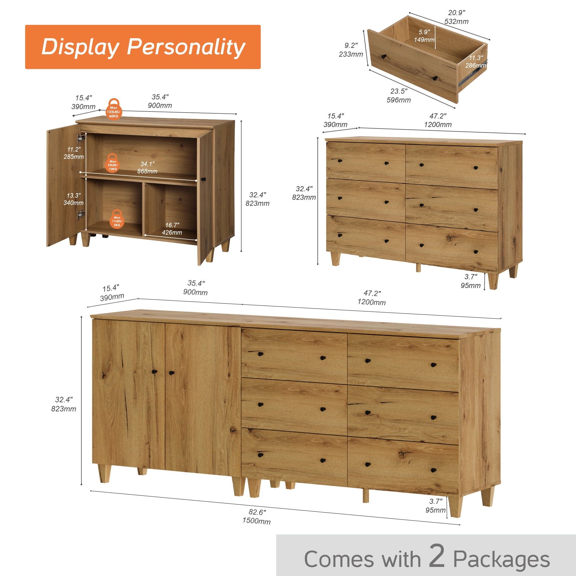 WAMPAT Wood Dresser with 6 Drawers and 1 Cabinet for Bedroom, Modern Chest of Drawer, 83" Wide, Oak Brown Wood Finish