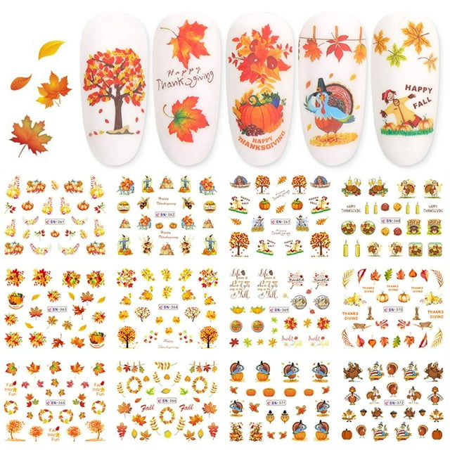 Pegatinas de uñas de otoño, hojas de arce de otoño, pegatinas para decoración de uñas, día de Acción de Gracias, calcomanías de agua, juego de deslizadores de transferencia, pegatinas de papel de alum