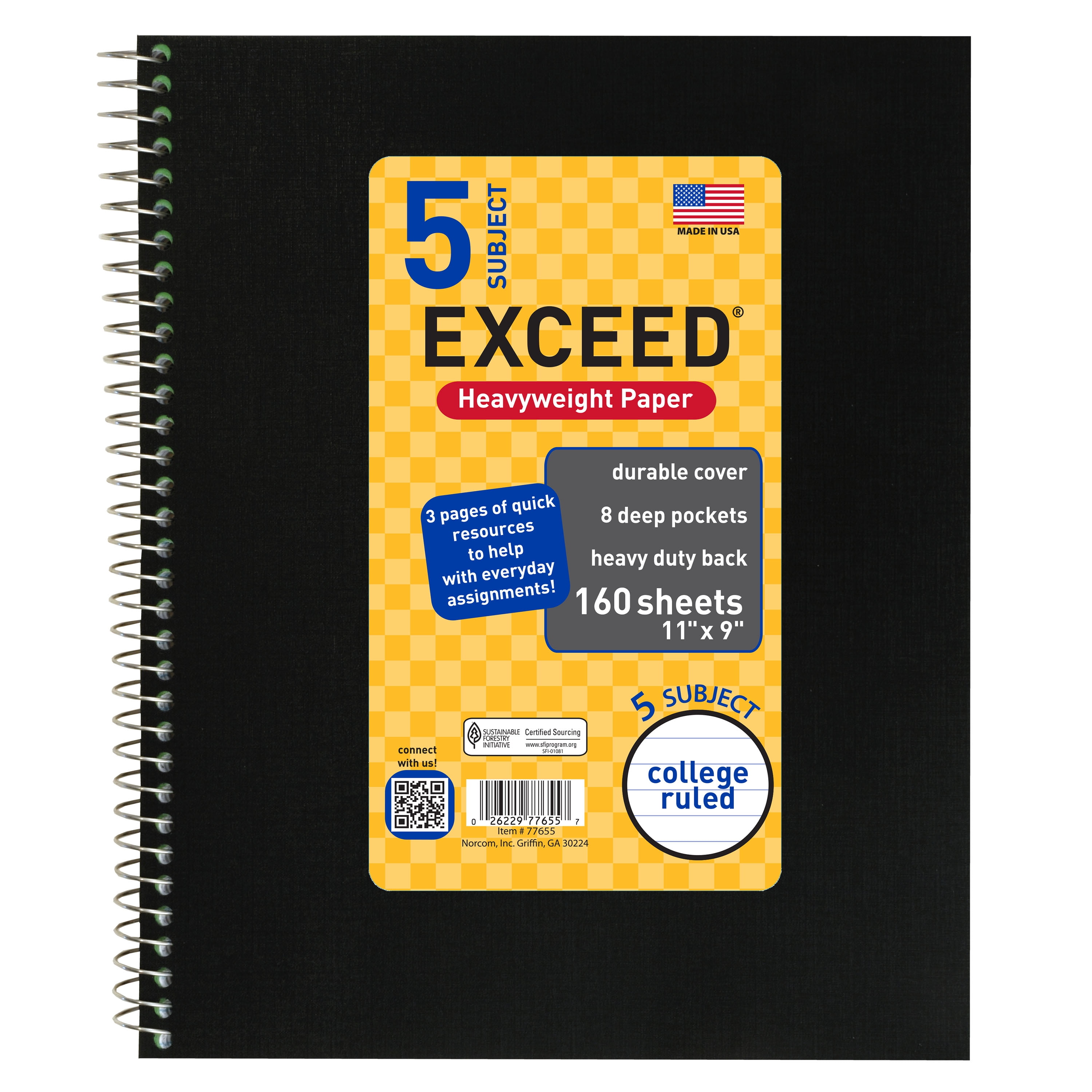 160 Count 5 Subject Black Exceed Notebook, 11" x 9", College Ruled
