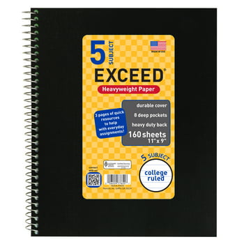 160 Count 5 Subject Black Exceed , 11" x 9", College Ruled