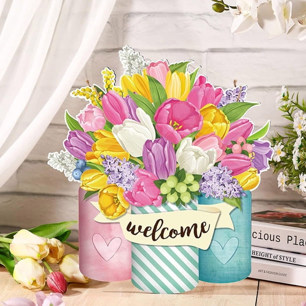 Letrero de bienvenida de flores de primavera Decoración de puerta de entrada de madera con diseño de jarrón colorido, madera duradera, 11.81x11.81in, ideal para la decoración del hogar