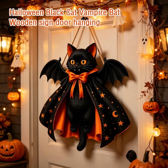 Black Cat Halloween Decor, Hanging Halloween Decorations Outdoor Spooky Black Cat with Bat Wings Gothic Wall Sign Halloween Home Decor Indoor for Porch Patio Door Home Party, 1