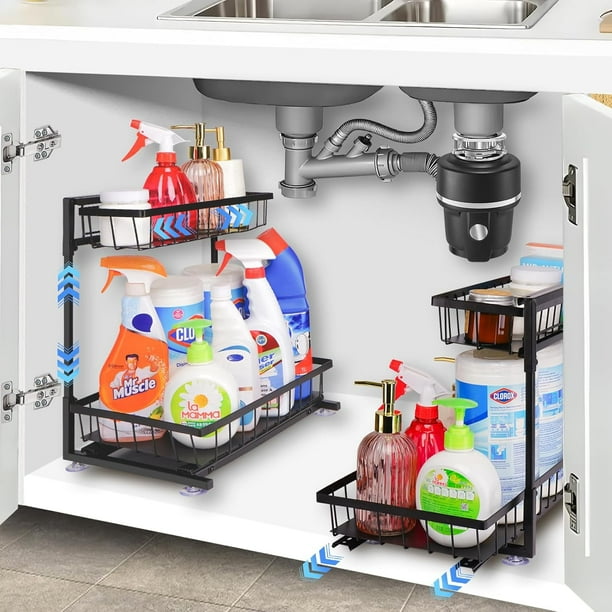Organizador debajo del fregadero, 2 paquetes de organizadores de cocina extraíbles y almacenamiento, estante organizador de cajón deslizable de metal con cojinetes de bolas de aleación, organizador