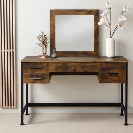 GZXS 47-Inch Vanity Desk with Mirror and 4 Drawers, Rustic Oak Finish Makeup Table with Black Metal Frame for Bedroom or Dressing Room