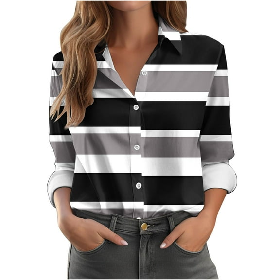 CLOISE Womens Blouses Fall Cute Striped Shirts Lapel Long Sleeve Blouses Oversized Button Up Color Block Dressy Casual Tees Flowy Clothes Black XL