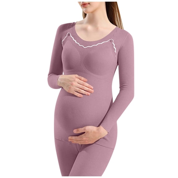 Maternity T-Shirt for Women Long Sleeve Cotton Velvet Seamless Mama Top Removable Pads Crew Neck Pregnancy Tees (XL, Purple 01)