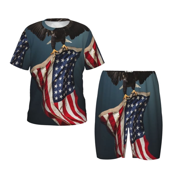 Fotbe American Flag Pijama Estampada de 2 Piezas para Niños – Ropa de Dormir de Manga Corta Cómoda para Niños y Niñas, Camiseta y Shorts de Algodón-Medium