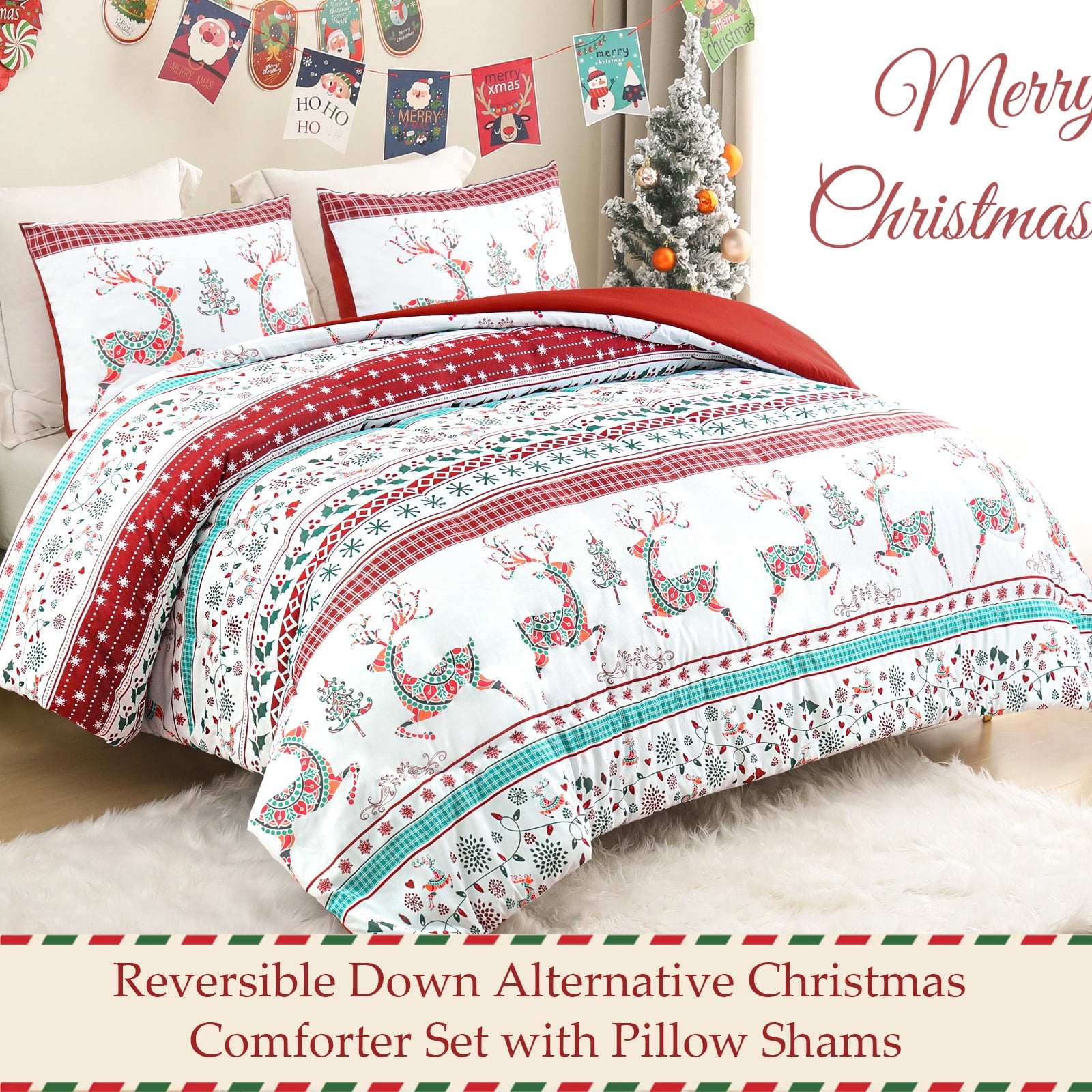 Exclusivo Mezcla Christmas Twin Size Comforter Set, 2 Pieces Reversible Rust Red Striped Bedding Comforters, Printed Flowers Reindeer Pattern