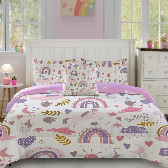 Twin Size Single Comforter Set for Girls, 6-Piece Bed in a Bag, Colorful Unicorn Bedding Comforter Sheet Set, Ultra Soft and Fluffy,Rainbow Color