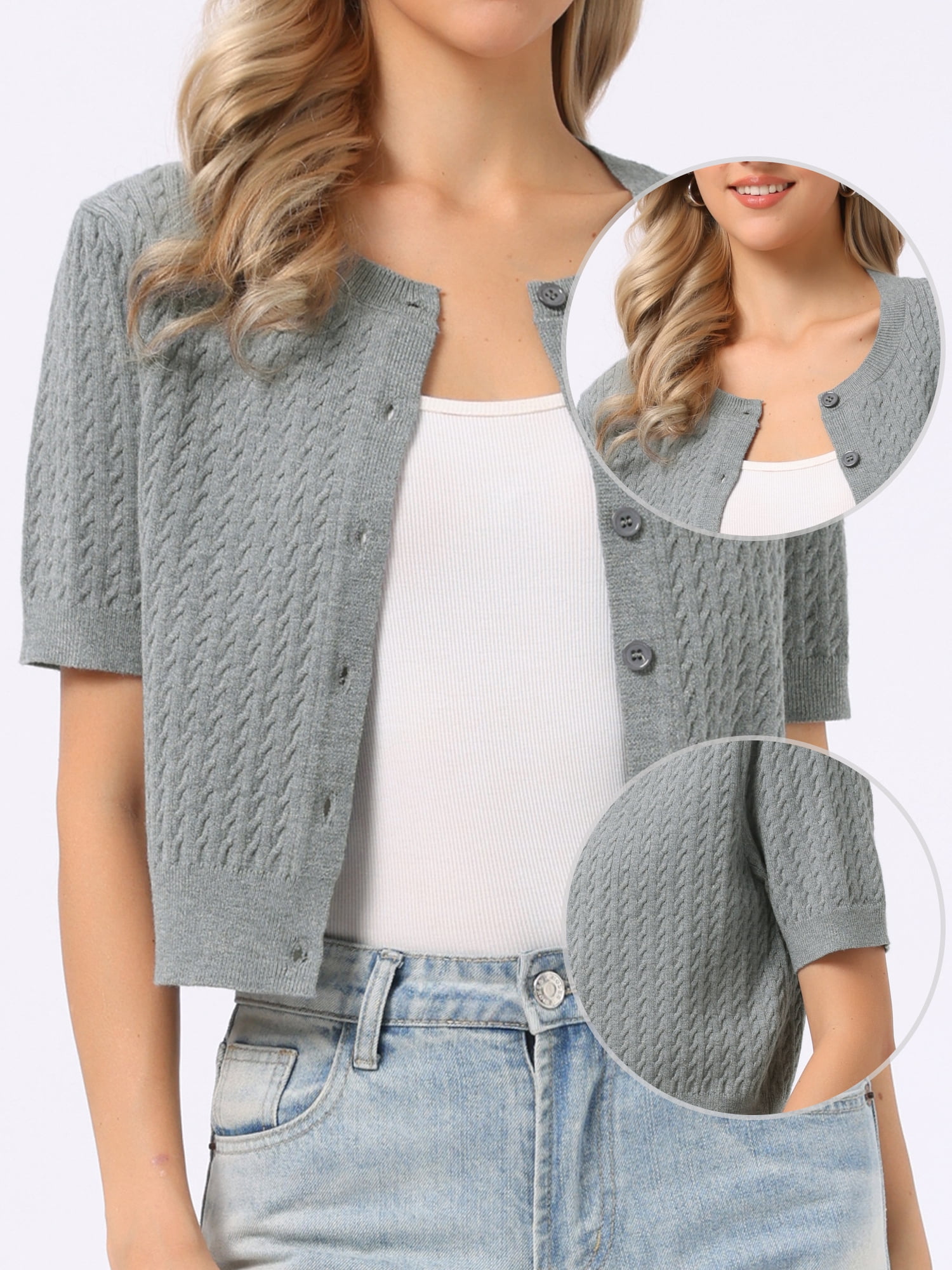 DARING DIVA Women's Short Sleeve Knit Button Down Lightweight Cardigan L Grey